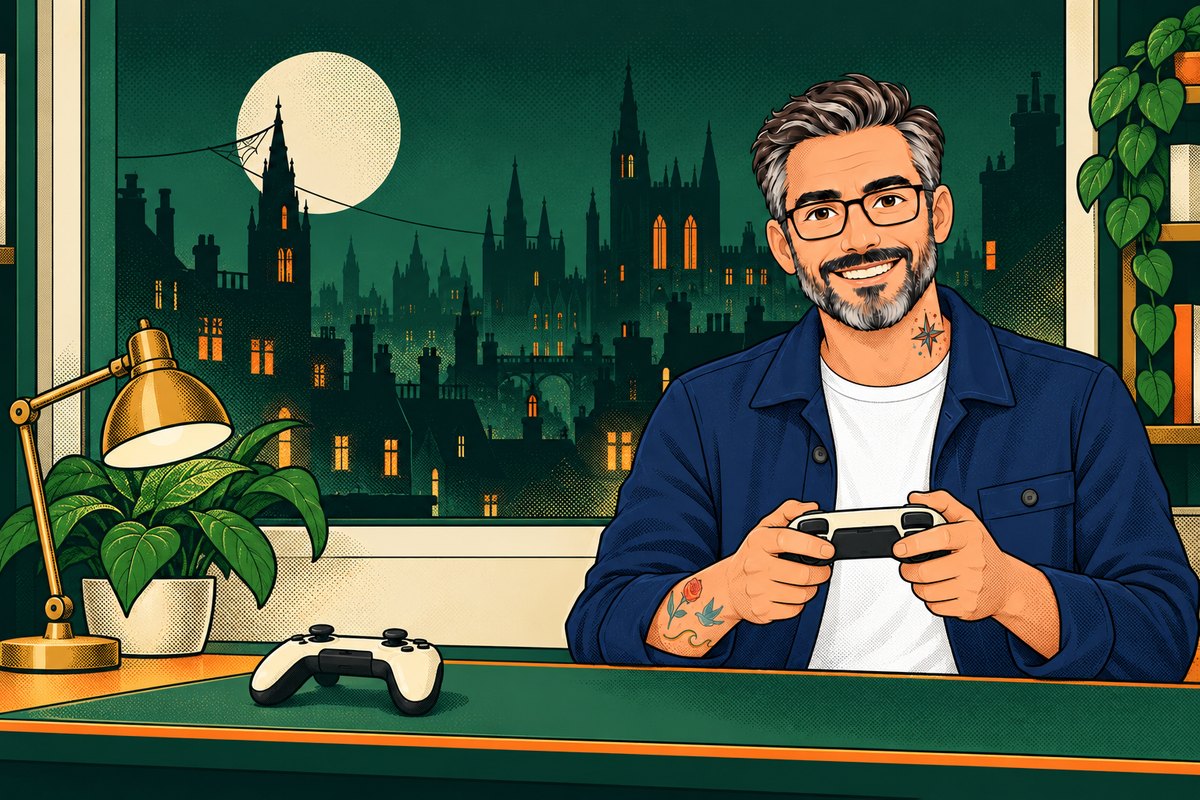 Illustration for the GAME guide: the Hold My GPU host at his counter
