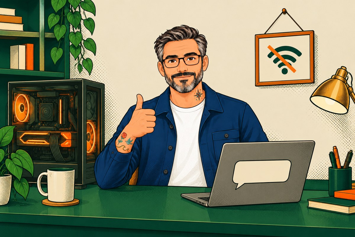 Illustration for the LOCAL guide: the Hold My GPU host at his counter